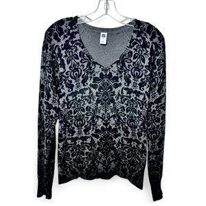 GAP Factory Women’s Damask V-Neck Sweater Gray Black Small Stretch Knit